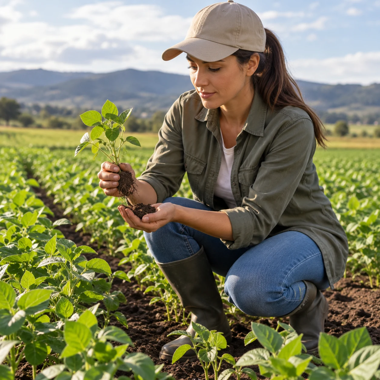 Agrónoma examinando una planta y su suelo en un cultivo